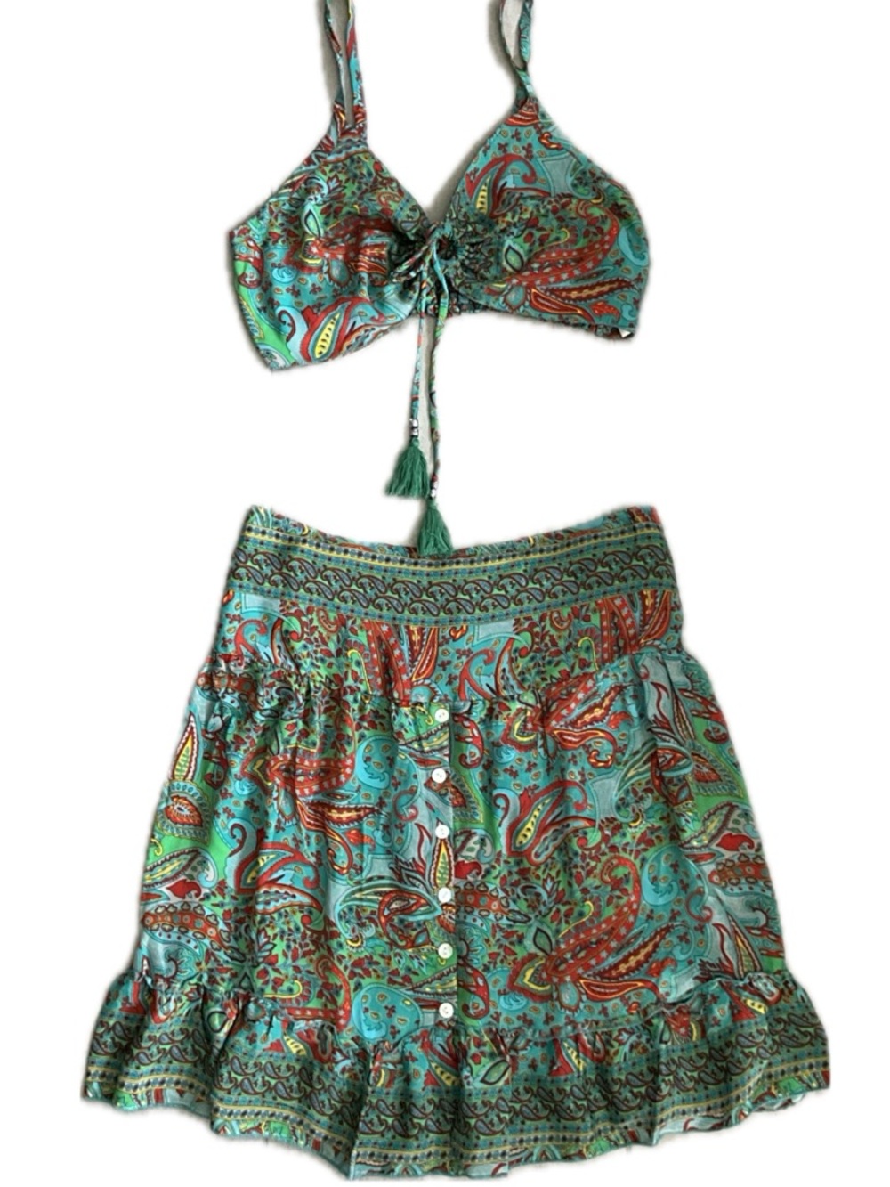 India Boutique Paisley 2-Piece Crop Top & Mini Skirt Set — Teal/Green